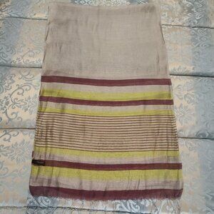The Limited tan/brown/lime green striped, silk blend scarf, Excellent used cond.